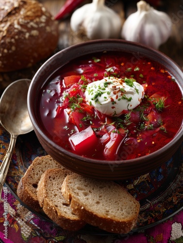 Bowl of Red Soup With Vegetables and Sour Cream on Table With Garlic and Brea...