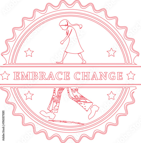 A motivational red outline stamp inspiring Embrace Change with a person walking