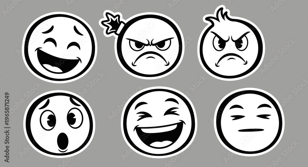 Fototapeta premium Cartoon Emoticons Displaying Diverse Emotions on Grey Background