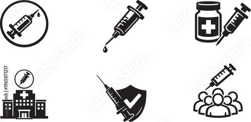 Healthcare vaccination icons with syringe, shield and medicine symbols isolated