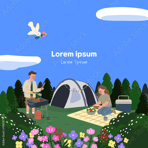 Camping background template featuring a couple cooking BBQ and preparing a picnic by a tent with copy space in a cheerful flat vector kawaii style.
