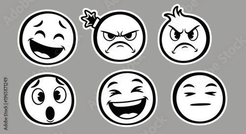 Cartoon Emoticons Displaying Diverse Emotions on Grey Background