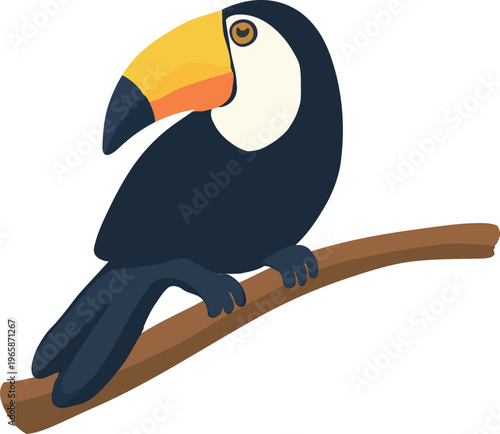 A clean flat vector illustration of a toucan sitting on a branch with a large colorful beak and minimal design
