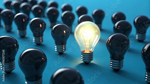 One Lit Light Bulb Among Many Dark Bulbs on a Blue Surface idea concept
