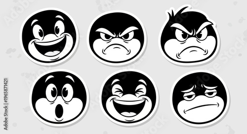 Set of black and white cartoon emoticons with negative expressions, conveying anger and sadness, in a bright studio.