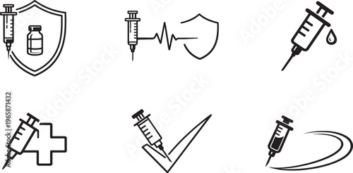 Modern vaccination icon set with syringe, shield and healthcare symbols isolated on white