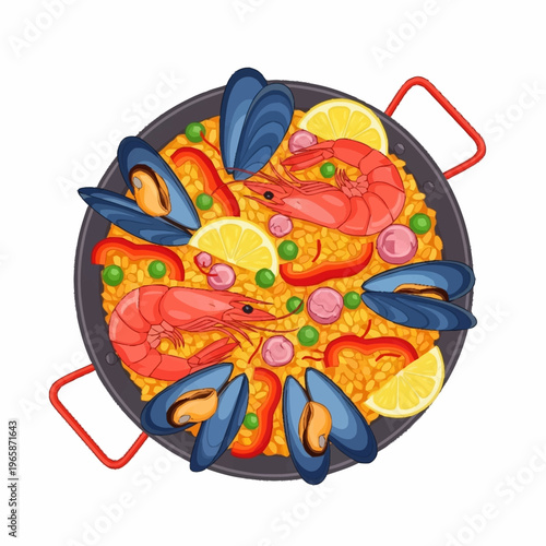 A vibrant, top-down illustration of a traditional Spanish seafood paella dish, featuring rice, shrimp, mussels, bell peppers, peas, and lemon wedges in a black pan with red handles.