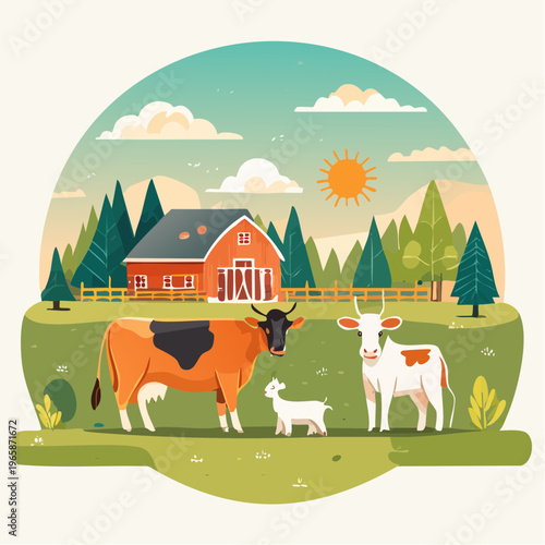 Charming Farm Scene with Cows and Goat Under a Sunny Sky