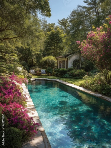 Garden With Pool and Lounge Chairs in Bright Sunlight