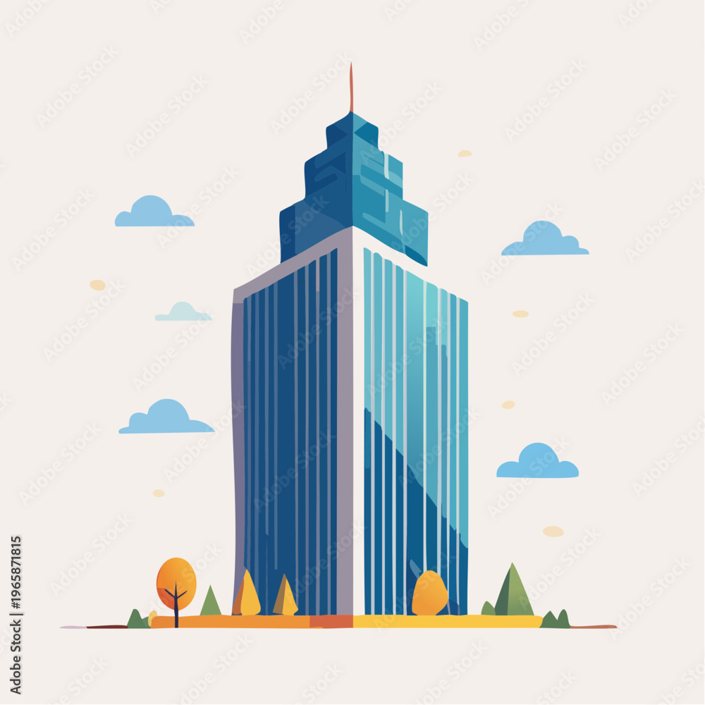 Fototapeta premium Modern Tall Skyscraper Building with Autumn Trees and Clouds - Architectural Illustration
