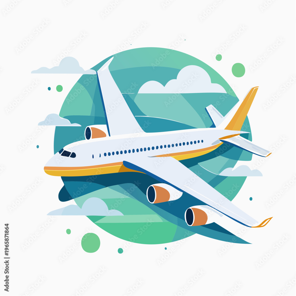 Fototapeta premium Modern vector illustration of an airplane in mid-flight soaring through abstract clouds