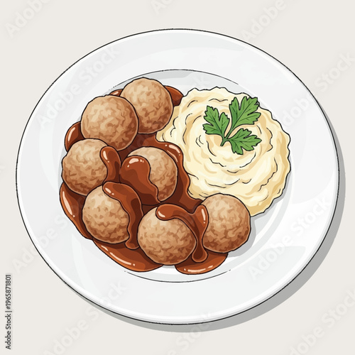 A plate of classic Swedish meatballs with gravy and creamy mashed potatoes, garnished with fresh parsley.