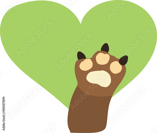 A flat vector illustration of an animal paw in front of a green heart symbolizing love and care for pets and wildlife.