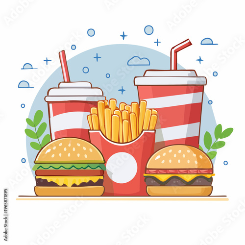 Vibrant flat illustration of a classic fast food meal featuring burgers, crispy fries, and refreshing soda
