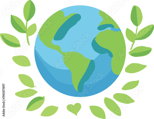 A flat vector illustration of the Earth surrounded by leaves and a small heart, representing sustainability, nature, and care for the environment.