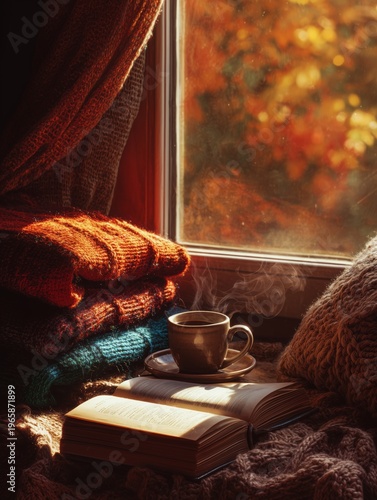 Warm Blankets, Coffee, and an Open Book Near a Window in Autumn