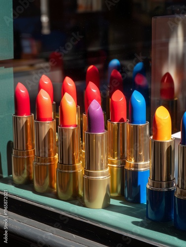 Lipsticks Displayed in a Shop Window During Daytime in a Busy Urban Area