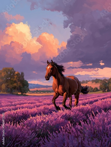 Horse Runs Through a Field of Flowers Under a Colorful Sky at Sunset in Open ...