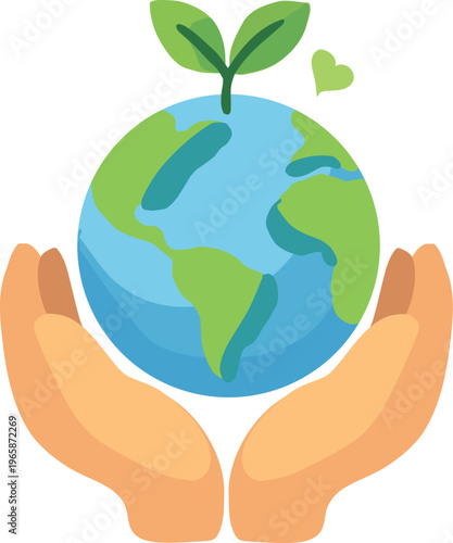 A flat vector illustration of hands holding the Earth with a sprouting plant and heart symbol, representing care for the environment and sustainability.