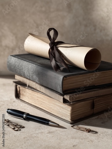 Stack of Books and a Rolled Document With a Ribbon on a Plain Surface for Stu...