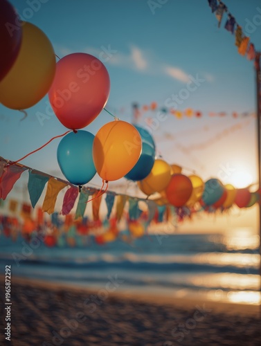 Colorful Balloons and Flags at Sunset on a Beach With Waves and Clouds