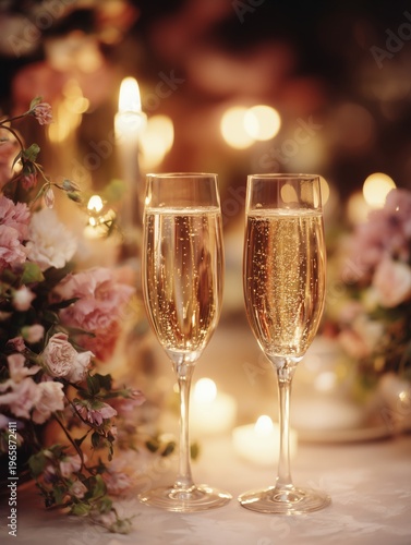 Champagne Glasses Sit on a Table Surrounded by Flowers and Candles During an ...