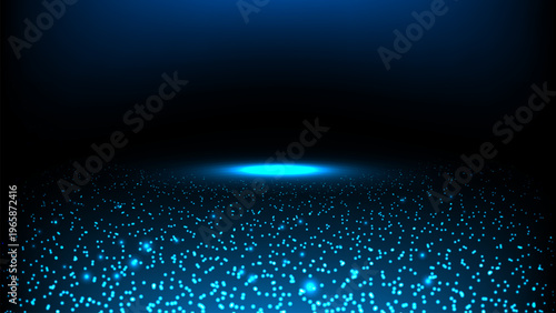 Glowing blue light hovers above field of scattered particles, creating futuristic and mysterious atmosphere