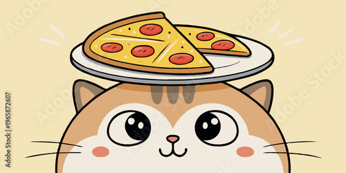 A close up cat head with a plate of pizza on it. Cute vector illustration for any design needs