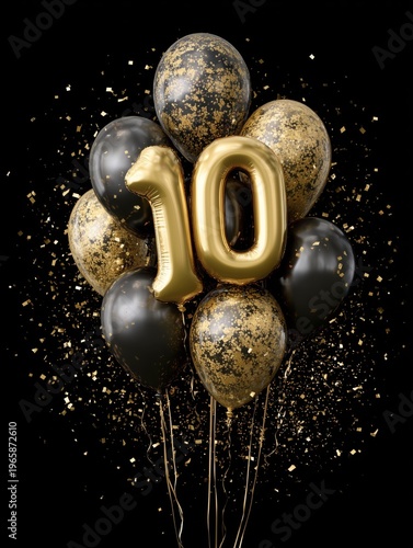 Balloons Forming the Number 10 With Golden Sparkles in a Dark Setting