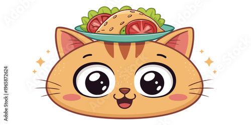 A cheerful cartoon illustration of a cute cat and a plate of food on it. Perfect for sticker, logo, mascot, and other needs