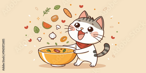 Cute cartoon illustration of a cute cat with a big bowl of soup and flying ingredients. Perfect for logo, symbol, and mascot design