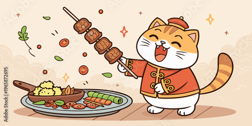 A funny cartoon vector illustration of a chef cat wearing Chinese clothes and holding satay