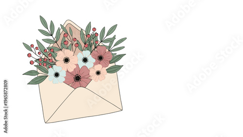 Charming illustration of an open envelope overflowing with a beautiful bouquet of pastel-colored flowers and green foliage.