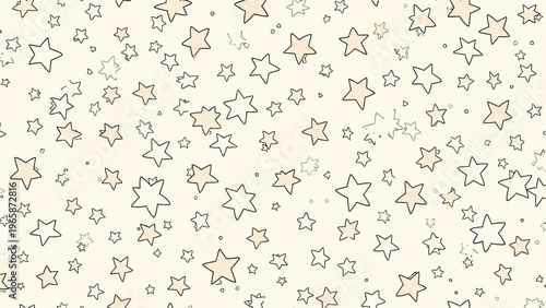 Randomly scattered hand drawn stars seamless pattern in soft cream and beige tones for baby nursery and dreamy night backgrounds.