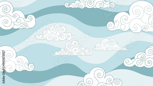 Stylized sky background with multiple layers of curly white clouds on blue waves for fantasy and peaceful nature themes.