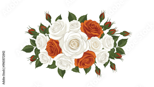 Beautiful bouquet of white and orange roses with dark green leaves and small buds for wedding floral arrangements and celebrations.