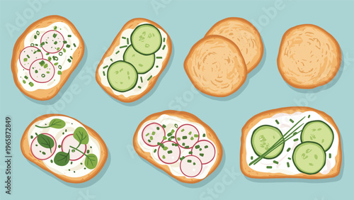 Assorted healthy open faced sandwiches with cream cheese, fresh radishes, and cucumbers on a blue background for food blogs.