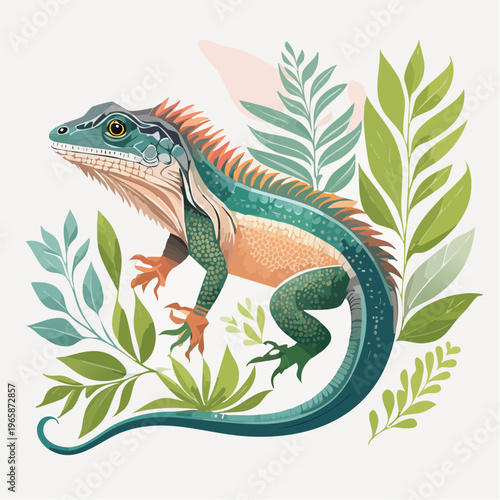 Vibrant iguana illustration surrounded by lush green tropical leaves and foliage