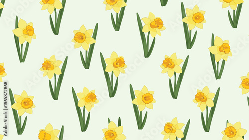 Spring daffodil seamless pattern featuring yellow narcissus flowers with green stems on a soft pale green background for fabrics.