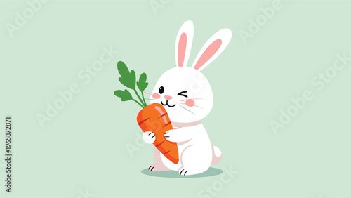 Adorable white bunny winking and holding a giant orange carrot on a mint green background for Easter and children designs.