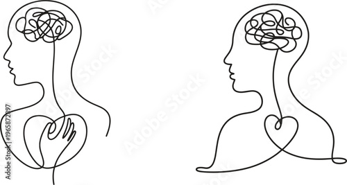 Human mind and heart connection with intricate thoughts represented by continuous lines.