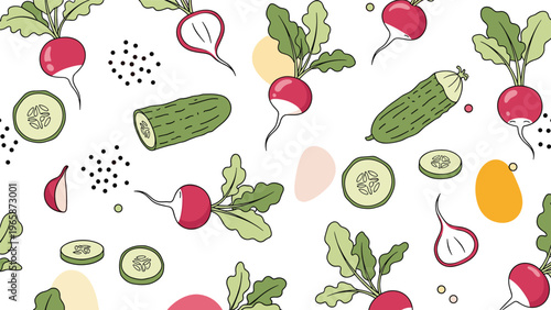 Vibrant seamless pattern featuring whole and sliced radishes and cucumbers with abstract colorful shapes on a white background.