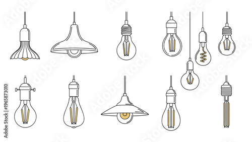 Set of diverse light bulb designs and hanging pendant lamps in various styles from modern to vintage industrial aesthetics.