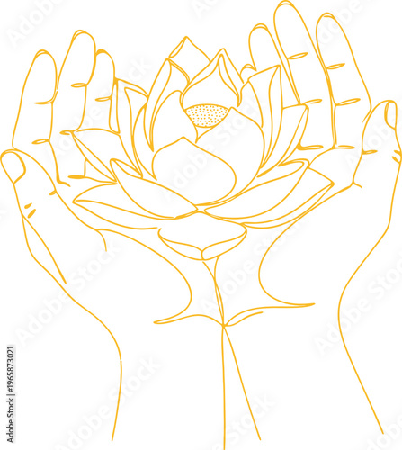 hands with lotus flowers.hand drawn line art style vector