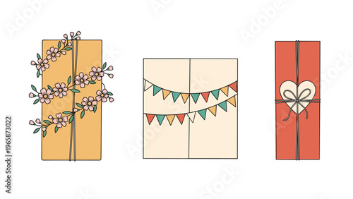 Three stylishly wrapped gift boxes featuring unique designs with spring flowers, colorful bunting flags, and a simple heart.