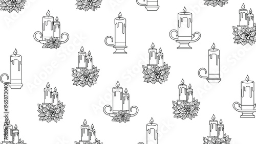 Seamless black and white pattern of elegant lit candles decorated with beautiful poinsettia flowers and holiday greenery.