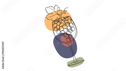 Creative line art illustration of a wine glass containing a cluster of grapes surrounded by abstract colorful organic shapes.