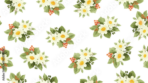 Beautiful seamless pattern featuring delicate white daisy flowers with yellow centers and green leaves on a white background.
