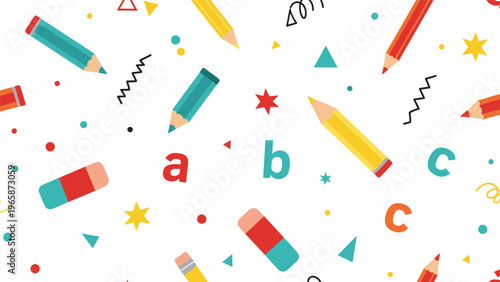 Fun and educational seamless pattern for school featuring colorful pencils, erasers, letters a b c, and geometric shapes.