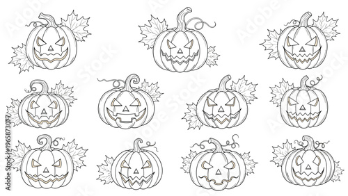Set of spooky jack-o-lantern pumpkin faces in black and white line art with autumn maple leaves for Halloween decorations.